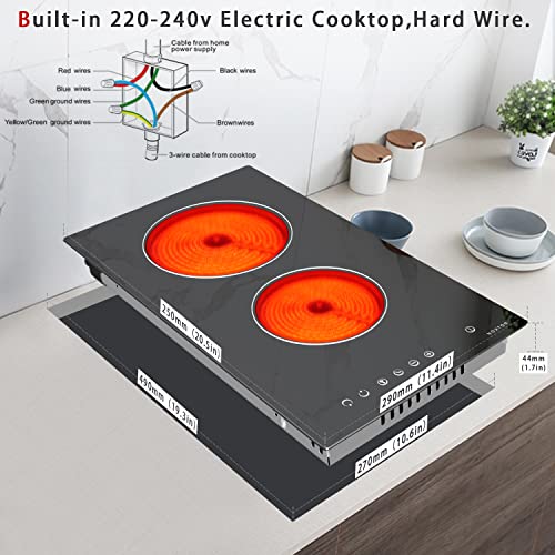 Noxton 2 Burner Electric Cooktop 12 Inch, Built-in Electric Radiant Ceramic Stove Top, Sensor Touch Control, Child Safety Lock, Timer, 3000W, Hard Wire for 220V~240V