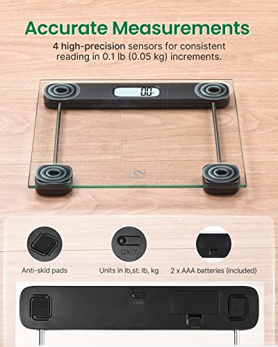 FITINDEX Bathroom Scale for Body Weight, Highly Accurate Digital Weighing Scale with Large LCD Display, Transparent and Slim Tempered Glass, 400 lbs, Black