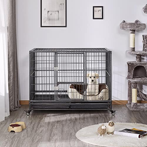 Yaheetech 42-inch Dog Crate Heavy Duty Metal Dog Crate for The House Indoor Dog Kennel for Small/Medium/Large Dogs w/Double Doors & Locks & Double Tray & Lockable Wheels Pet Cage Black