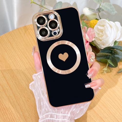 Bonoma Magnetic Case for iPhone 15 Pro Max Compatible with MagSafe, Cute Love Heart Luxury Plating Back Cover with Edge Elegant Aesthetic Hearts Pattern Phone Case-Black