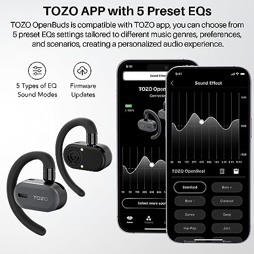 TOZO O2 True Open Ear Wireless Headphones Lightweight with Multi-Angle Adjustment, Bluetooth 5.3 Earbuds with Dual-Axis Design for Long-Lasting Comfort, Crystal-Clear Calls for Driving, Black