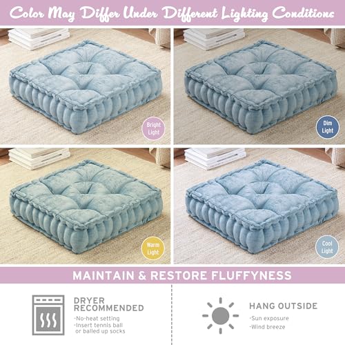 Intelligent Design Loretta Chenille Round Floor Pillow Meditation Cushion, Soft Color & Natural Luster Button Tufted with Elegant Pleated Details, Dia 22"x6"H, Aqua