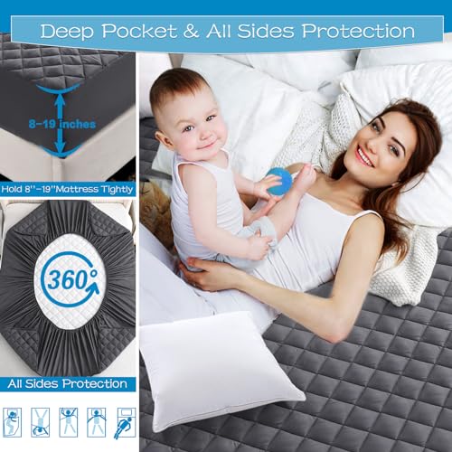 GRT Twin Size Grey Quilted Fitted Mattress Pad, 100% Waterproof Breathable Mattress Protector, Noiseless Hollow Cotton Mattress Topper, Fitted 8"-19" Deep, Dust Proof