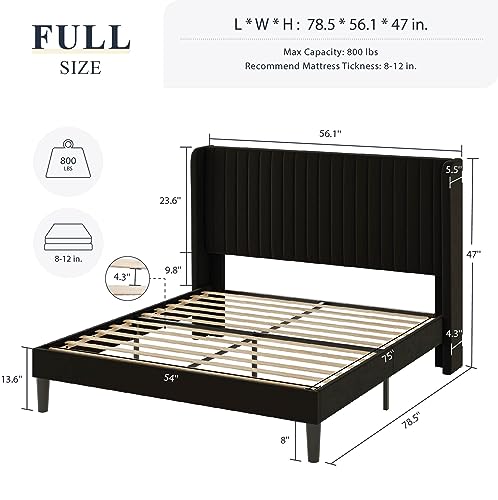 Allewie Full Size Velvet Bed Frame/Vertical Channel Tufted Wingback Headboard/Upholstered Platform Bed/Strong Wooden Slats/No Box Spring Needed/Easy Assembly/Black