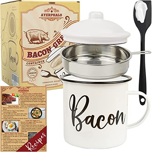 Bacon Grease Container with Strainer - With Food-Grade Silicone Spatula, 24oz Enamel Rustic Farmhouse Fat Container, Keeper, Recipes, Dishwasher Safe