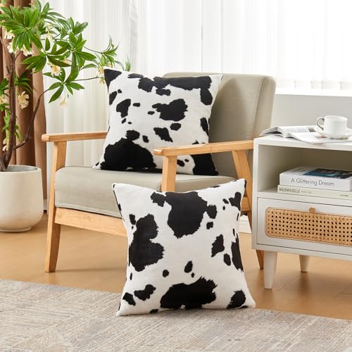 SOCHOW Decorative Throw Pillow Covers 18x18 Inches Set of 2, Soft Cow Print Flannel Fleece Pillowcase Square Cushion Covers for Sofa Couch Bed, Black/White