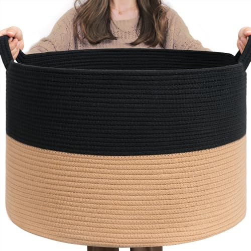 INDRESSME Woven Rope Basket with Handle, XXXLarge, Cotton (21.7" x 21.7" x 13.8") Laundry Hamper For Baby Laundry, Blanket, Toy, Storage Comforter Cushions, Gray