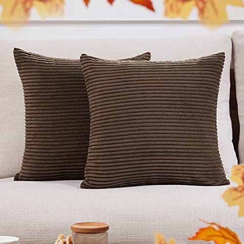 Deconovo Throw Pillow Cover with Stripe, 18x18 Inch, Prussian Blue, Soft Corduroy Cushion Cover, Solid Color Pillow Cases for Couch Bedroom Sofa, Set of 2