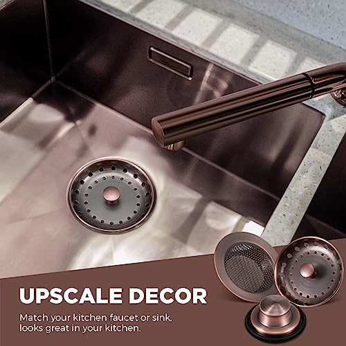 Mudder 3 Pcs Kitchen Sink Drain Strainer and Stopper Stainless Steel Garbage Disposal Plug with Handle Universal Anti-Clogging Kitchen Sink Filter Sieve Basket Strainer(Antique Copper)