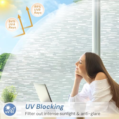 LUTE Window Privacy Film Frosted Glass Film, Removable Sun Blocking Heat Control Door Window Cover, Non-Adhesive Static Window Cling Frosting Decorative Glass Sticker, Linear Frosted, 17.5" x 78.7"