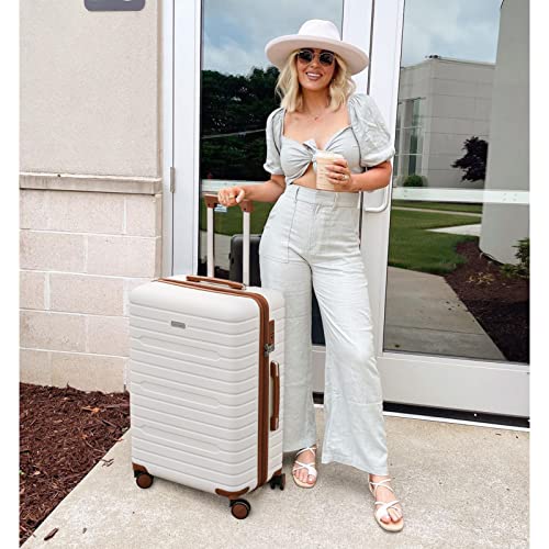 FIGESTIN Checked Luggage 24 inch, 100% PC Large Suitcase with Wheels, Hardside Suitcase TSA Approved Medium Hard Case Travel Luggage (Beige)