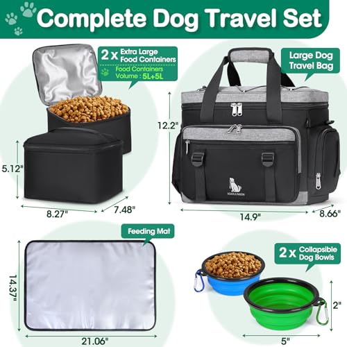 IGOLUMON Dog Travel Bag Large Pet Travel Bags Set for Supplies Weekend Dog Travel Kit Tote Organizer Multi-Pockets Dog Food Travel Bag with 2 Extra Large Food Containers, 2 Dog Bowls, 1 Feeding Mat