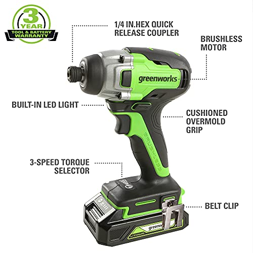 Greenworks 24V Brushless 310 in./lbs Drill / Driver + 2650 in./lbs Impact Driver Combo Kit, (2) USB (Power Bank) Batteries and Dual Port Charger Included LED Light, 2pcs Driving Bits with Tool Bag