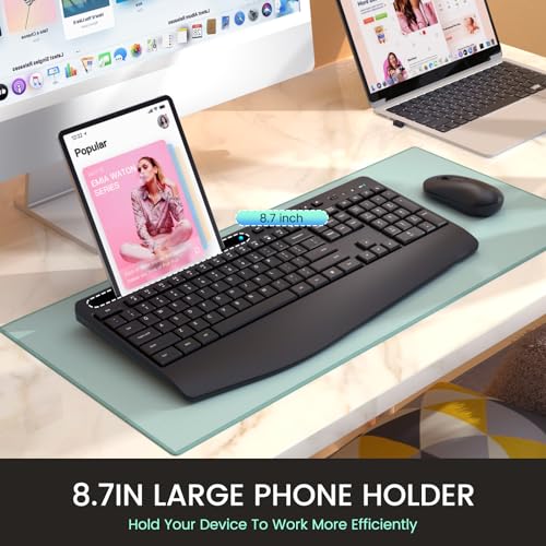 Wireless Keyboard and Mouse Combo,LIZRROT Ergonomic Computer Keyboard with Wrist Rest,2.4GHz Full-Sized Silent Mouse and Keyboard Combo with Phone Holder for Window, PC, Laptop