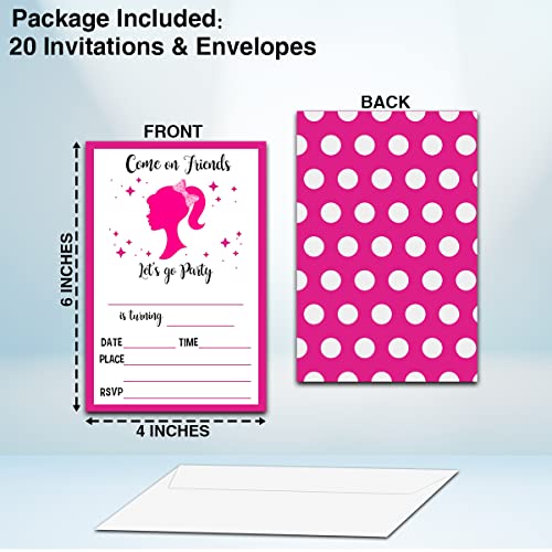 NYCTUG Pink Girl Theme Birthday Invitation(4" X 6"), Let's Go Party Pink Doll Double-Sided Invites- 20 Invitations With Envelopes-Personalized Party Supplies-A31