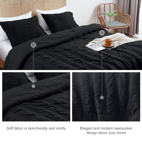 PHF Soft Seersucker Comforter Set Queen Size, 3 Pieces Lightweight Black Bedding Set for All Season, Breathable Comforter Sets with 1 Comforter and 2 Pillowcases