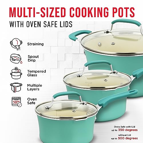 Cookware Set – 23 Piece –Aqua Multi-Sized Cooking Pots with Lids, Skillet Fry Pans and Bakeware – Reinforced Pressed Aluminum Metal - Suitable for Gas, Electric, Ceramic and Induction by BAKKEN Swiss