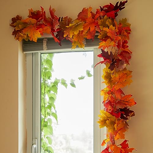 PARTY JOY 6PCS Black Red Leaf Garland, 5.6Ft Halloween Garland Artificial Maple Leaf Autumn Garland Hanging Fall Vines Table Decorations for Thanksgiving Front Door Decorations Fall Decor