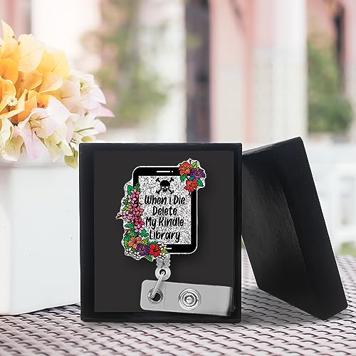 QYUVK Retractable When I Die Delete My Kindle Library Badge Reel with Alligator Clip, Funny Silver Glitter Foral Kindle Badge Holder Gift for Doctors Nurses Reading Lover Librarian Teacher