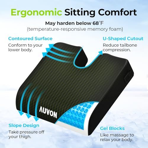 AUVON Gel Wheelchair Seat Cushion, Relieve Sciatica, Back, Coccyx, Pressure Sore and Ulcer Pain, Refreshing Ergonomic Chair Cushion with Waterproof Silk Fabric, Anti-Slip Cover, Removable Strap