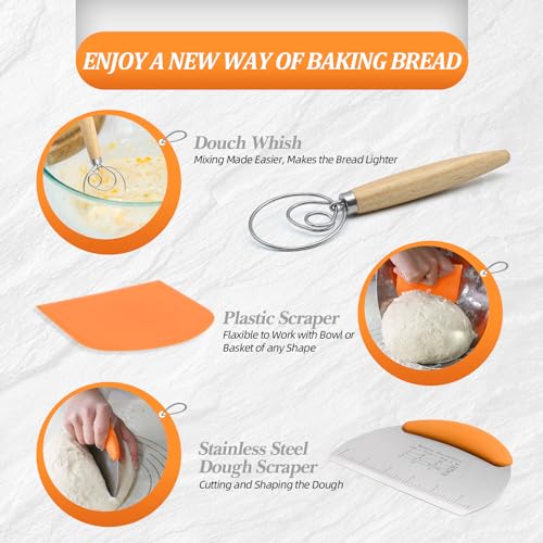 Banneton Bread Proofing Basket Set With Sourdough Bread Baking Supplies, Bread Making Kit Include 9''Round 10'' Oval & Baguette Cane Sourdough Proofing Basket With Dough Whisk Scrapers +Bread Lame…
