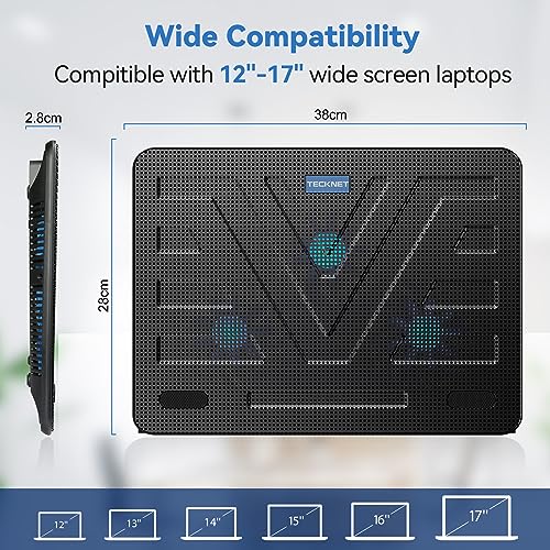 TECKNET Laptop Cooling Pad, 3 Blue LED Fans, Fits 12-17 Inches (Black)