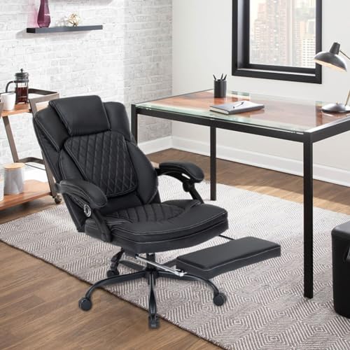 Ergonomic Office Chair with Footrest, Executive Chair PU Leather Computer Chair, Reclining Desk Chair with Leg Rest, Coil Spring Thick Cushion, Big and Tall Chair 400 lbs Capacity | Black