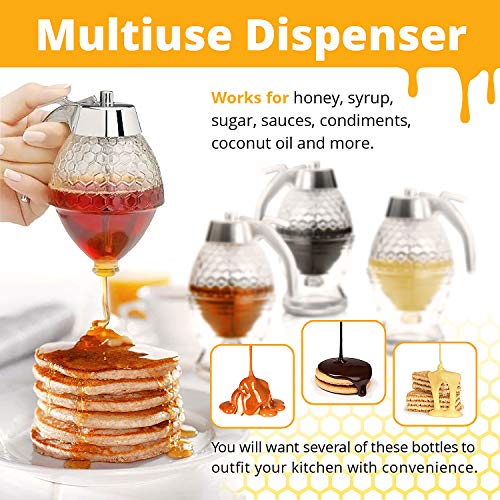 CLEVLI Honey Dispenser – No Drip Glass with Stand – Honey Jar – Clear Glass Honey Container with Dipper 8 Oz – Maple Syrup Dispenser – Honey Pot with Stand – Honey Bottle with Flip Top Lid