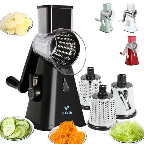 FAVIA Rotary Cheese Grater, Kitchen Speed Mandoline Vegetable Slicer Grinder with 3 Interchangeable Blades,Easy to Clean Shredder for Fruit, Vegetables, Nuts（Black)