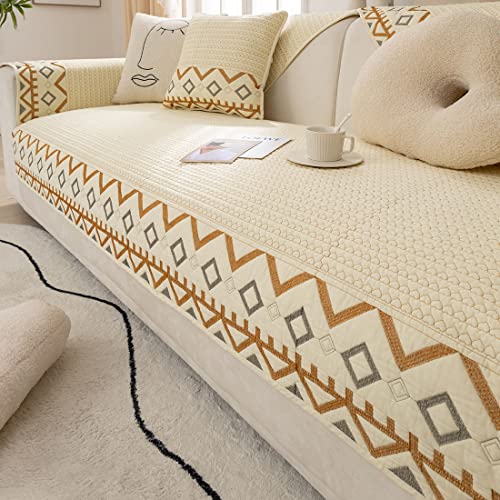 XSlive Farmhouse Embroidery Couch Sofa Cover Geometric Pattern Cotton Quilted Sectional Couch Cover Anti-Slip Soft Furniture Protector Sofa Slipcover for Living Room (Ivory,36"x94")
