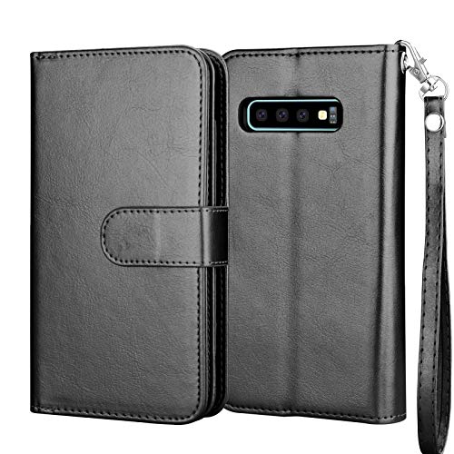 Njjex Galaxy S10 Plus Wallet Case - PU Leather, 9 Card Slots, Detachable Kickstand, Magnetic Cover & Wrist Strap [Black]