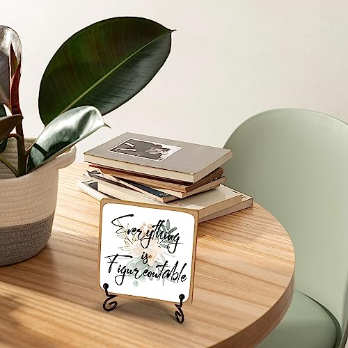 Inspirational Quotes Home Office Desk Decor with Stand, Thank You Gifts Everything is Figureoutable, Motivational Wooden Sign Gift for Women Men Friends Coworkers - A11