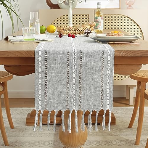 Laolitou Rustic Table Runner with Tassels, Cotton Linen Table Decoration for Holiday Party, Farmhouse Table Runners, Wedding and Dining Decorations, 36 Inches, Pink