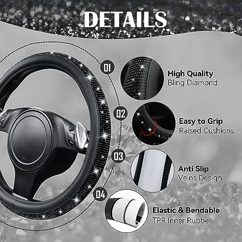 CAR PASS 11 PCS Bling Car Accessories Set for Women, Sparkly Rhinestone Diamond Steering Wheel Cover, Bling Seat Belt Cushion, Shift Knob Cover, Push Start Button Ring, Car Cup Holder Coaster, Pink