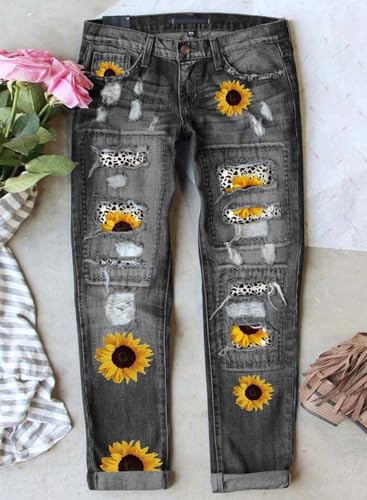 Astylish Women Floral Ripped Patchwork High Rise Washed Jeans Boyfriend Distressed Denim Pants Black Medium