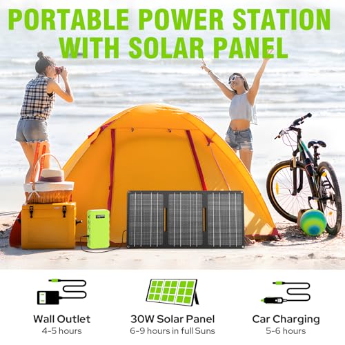 Portable Solar Generator with Panel, 24000mAh Portable Power Station with 30W Solar Panel, Lithium Battery Power 110V/88Wh AC, DC, USB QC3.0 for Home Camping Emergency Backup