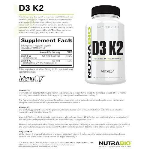 NutraBio Vitamin D3 K2 | 5000 IU D3 as Cholecalciferol with Vitamin K2 as Mena-Q MK7 (180mcg) | Support Bone and Heart Health | Non-GMO, Gluten Free, Lactose Free | 60 Vegetable Capsules