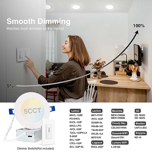 Adetu 6 Pack 4 Inch 5CCT Ultra-Thin LED Recessed Ceiling Light with Junction Box,Dimmable Canless Wafer Downlight,2700K-5000K Selectable,9W Eqv 80W,810LM High Brightness,ETL Certified