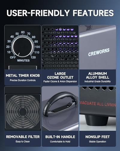 CREWORKS Ozone Generator, 5000 mg/h High Capacity Ozone Machine for Car Home Smoke Pet Odor Removal, Commercial Ozone Odor Eliminator Air Purifier with Timer Display for 3200 sq ft Room, Black