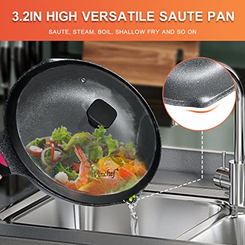 Vinchef Nonstick Skillet with Lid, 9.5In/3Qt Aluminum Saute Pan with Lid and Heat Indicator, German C3+ Non Sticking Coating- Induction Deep Frying Pan, Black