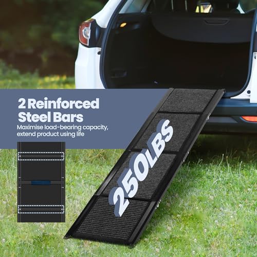 Zooba Dog Ramp for Car, 63" long & 17.3" wide Foldable Dog Ramp for SUV, Car, and Truck - 200 lbs Capacity, Anti-Slip Felt Surface, Pet Ramp with Dog Lift Harness for Large Dogs - Durable and Portable