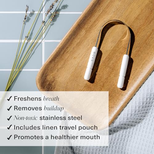 Boka Tongue Scraper for Adults & Kids with Case - Stainless Steel Tongue Cleaner w/Linen Travel Pouch - Scrubber to Remove Tongue Buildup and Freshen Breath (Pack of 1)