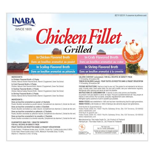 INABA Natural, Premium Hand-Cut Grilled Chicken Fillet Cat Treats/Topper/Complement with Vitamin E and Green Tea Extract, 0.9 Ounces Each, 10 Pack, Variety Pack