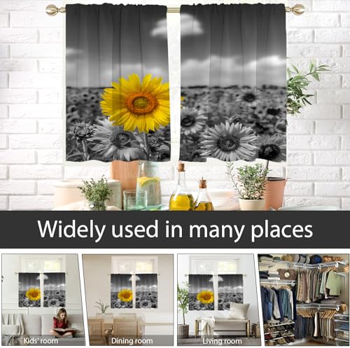 AAtter Sunflower Window Curtains for Kitchen Yellow and Grey Floral Flower Rustic Black Small Short Home Living Room Bedroom Bathroom Drapes Treatment Tiers Fabric 1 Pair, 27.5" W x 39" L, Nature