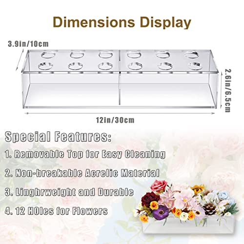 Flower Vase, Acrylic Rectangular Floral Centerpiece, 12 Inches Long Rectangle Decorative Modern Vase for Weddings Home Decor Dining Table(Flowers not Included) (Clear,12 Inch)