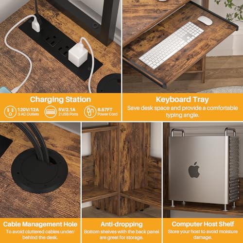 Cyclysio Small Corner Desk with Hutch, Heavy Duty Corner Computer Desk with Power Outlets & LED Light, Triangle Corner Gaming Desk with Keyboard Tray for Home Office, Small Space, Workstation Black