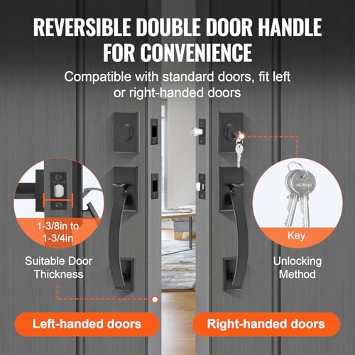 VEVOR Front Door Handle, Matte Black Square Handle Set with Lever Door Handle No Lock, Adjustable Hole Space, Entry Door Handle with Reversible for Right and Left Handed Entrance and Front Door