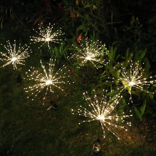 FOOING 6 Pcs Solar Garden Lights Solar Firework Lights, 200 LED Solar Powered String Light 2 Modes Twinkling Solar Lights for Outside, Wedding, Party,Patio (Warm White)