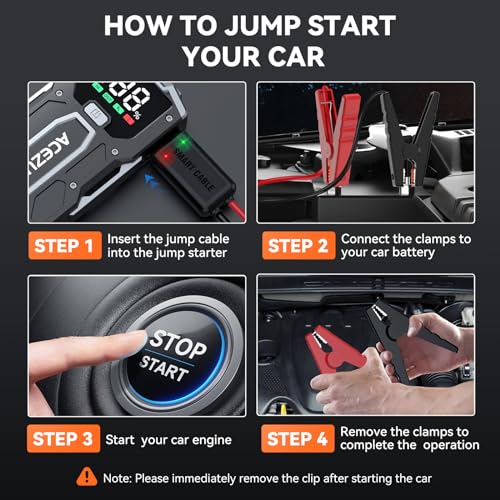 Car Jump Starter, 3000A 12V 8-in-1 Jump Starter Battery Pack, Up to 7.0L Gas & 5.5L Diesel Engines Quick Charge 3.0 Power Bank Jumper Cable with LED,Large Screen