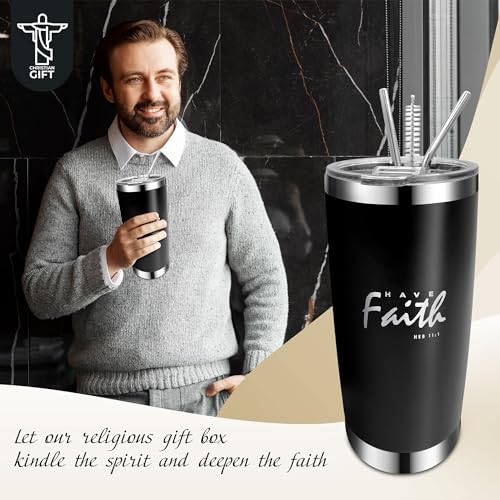 DEHITE Christian Gifts for Men - Religious Gift Basket Inspirational Present - | Insulated Tumbler | Notebook | Multitool Pocket Knife | Fire Starting Kit | - Christmas Gift Birthday Box for Father